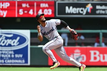 Jun 28, 2026; St. Louis, Missouri, USA; Miami Marlins shortstop Otto Lopez (6) runs to the outfield for a St. Louis Cardinals fly ball at Busch Stadium. Mandatory Credit: Tim Vizer-Imagn Images