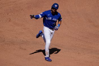 Jun 28, 2026; Toronto, Ontario, CAN; Toronto Blue Jays right fielder Nathan Lukes (38) waves to the fans as he rounds the bases on his two run home run against the Texas Rangers during the eighth inning at Rogers Centre. Mandatory Credit: John E. Sokolowski-Imagn Images