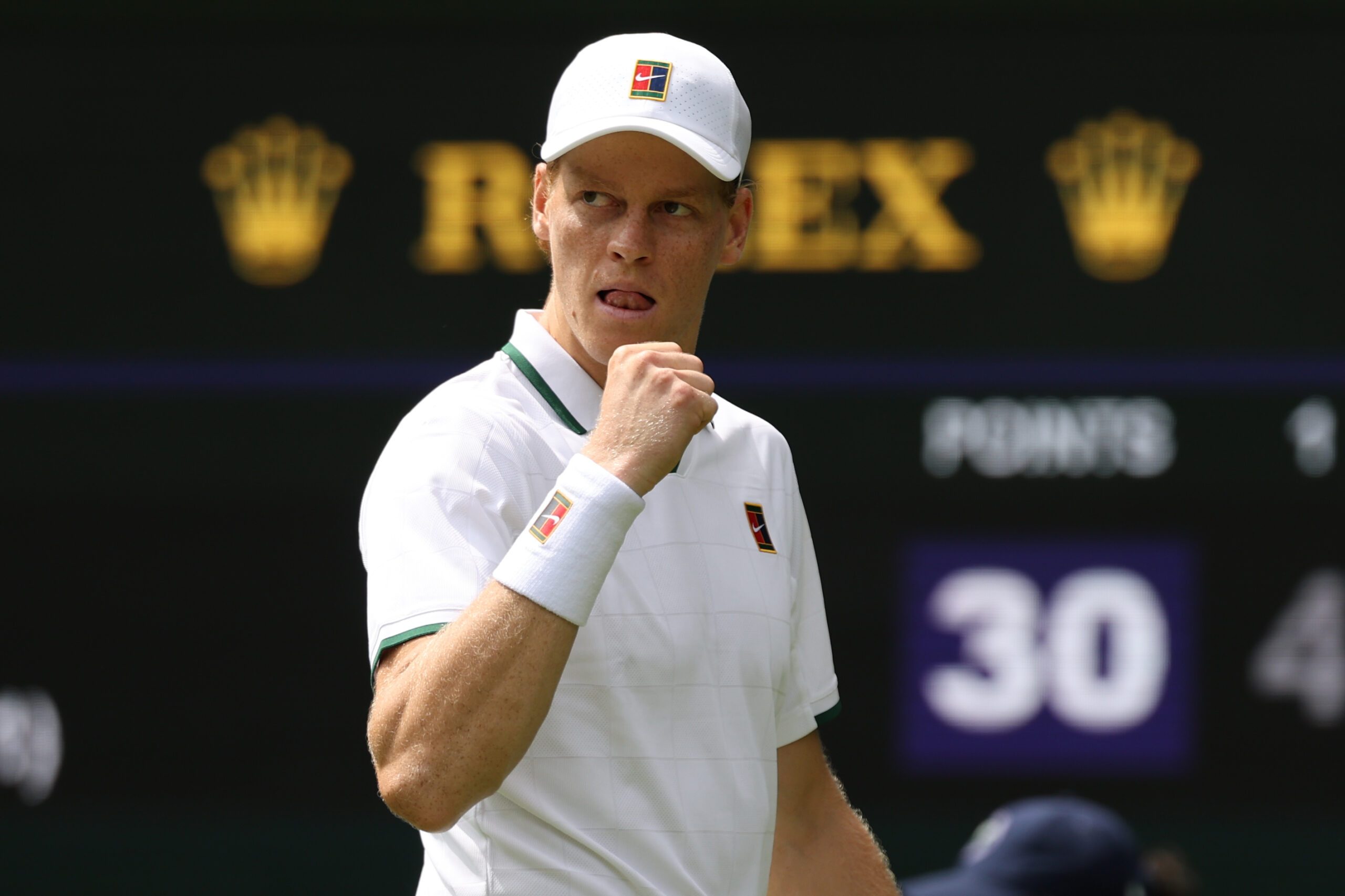 Jun 29, 2026; London, United Kingdom; Jannik Sinner (ITA) reacts after winning a point against Miomir Kecmanovic (SRB) (not pictured) on day one of The Championships Wimbledon 2026  at All England Lawn Tennis and Croquet Club. Mandatory Credit: Geoff Burke-Imagn Images