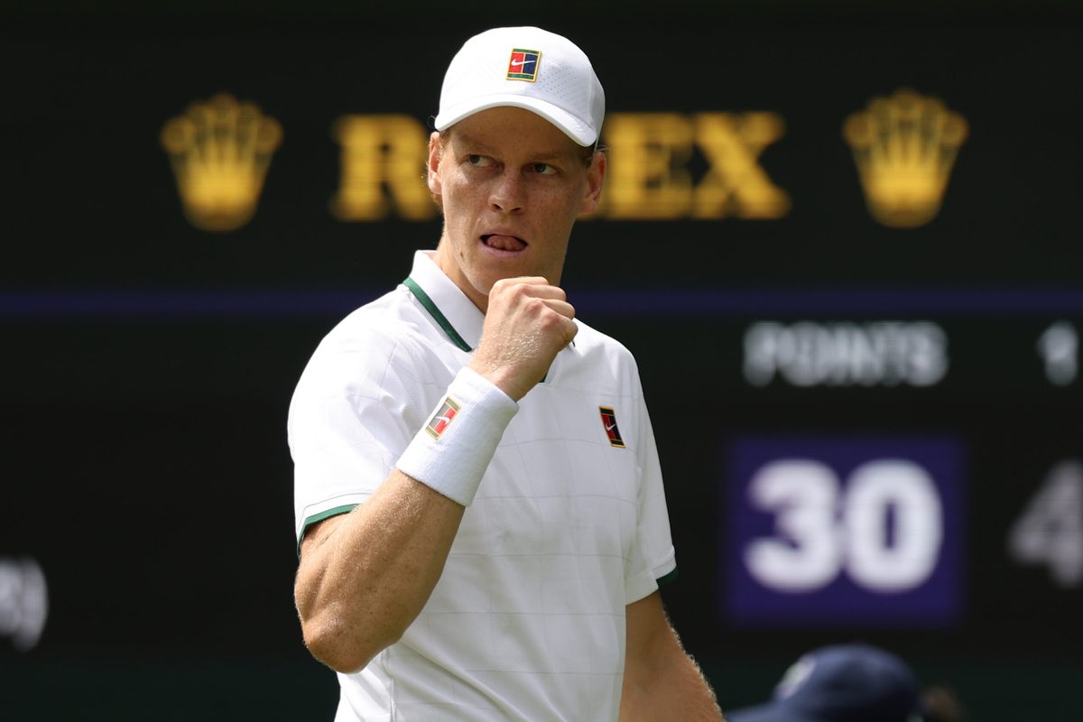 Jun 29, 2026; London, United Kingdom; Jannik Sinner (ITA) reacts after winning a point against Miomir Kecmanovic (SRB) (not pictured) on day one of The Championships Wimbledon 2026  at All England Lawn Tennis and Croquet Club. Mandatory Credit: Geoff Burke-Imagn Images
