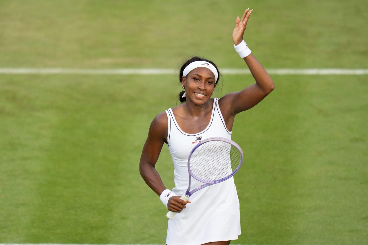 Jun 29, 2026; London, United Kingdom;  Coco Gauff of the United States celebrates winning her match against Tamara Korpatsch of Germany on day one at All England Lawn Tennis and Croquet Club. Mandatory Credit: Susan Mullane-Imagn Images