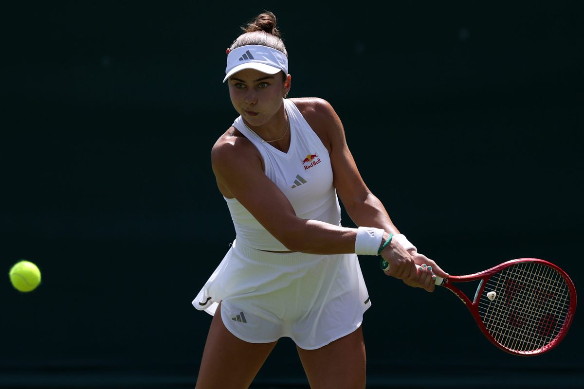 Jun 29, 2026; London, United Kingdom; Iva Jovic (USA) hits a backhand against Jaqueline Cristian (ROU) (not pictured) on day one of The Championships Wimbledon 2026  at All England Lawn Tennis and Croquet Club. Mandatory Credit: Geoff Burke-Imagn Images
