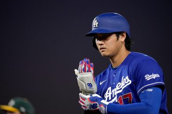 Jun 29, 2026; West Sacramento, California, USA; Los Angeles Dodgers designated hitter Shohei Ohtani (17) reacts after hitting a single against the Athletics in the eighth inning at Sutter Health Park. Mandatory Credit: Cary Edmondson-Imagn Images