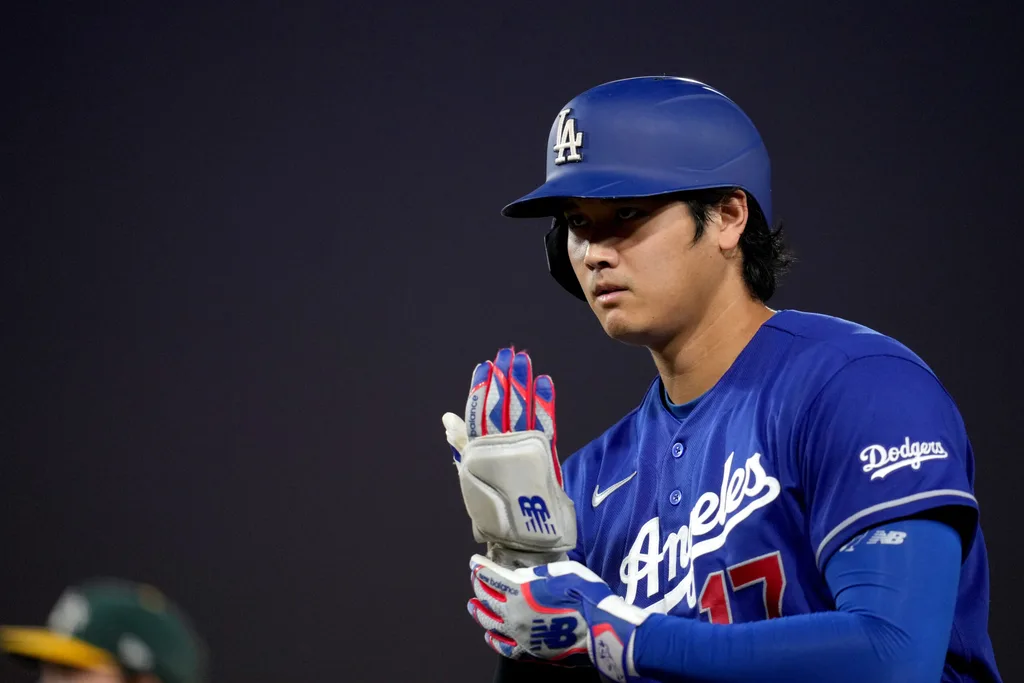 Jun 29, 2026; West Sacramento, California, USA; Los Angeles Dodgers designated hitter Shohei Ohtani (17) reacts after hitting a single against the Athletics in the eighth inning at Sutter Health Park. Mandatory Credit: Cary Edmondson-Imagn Images