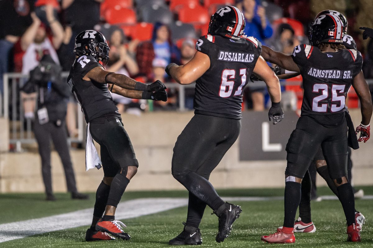 Jun 13, 2024; Ottawa, Ontario, CAN; Ottawa REDBLACKS wide receiver Justin Hardy (2) celebrates his touchdown in the second half against Winnipeg Blue Bombers at TD Place. Mandatory Credit: Marc DesRosiers-Imagn Images