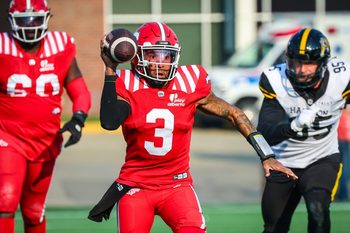 Jun 7, 2025; Calgary, Alberta, Canada; Calgary Stampeders quarterback Vernon Adams Jr (3) looks to pass against the Hamilton Tiger-Cats during the second half at McMahon Stadium. Mandatory Credit: Sergei Belski-Imagn Images