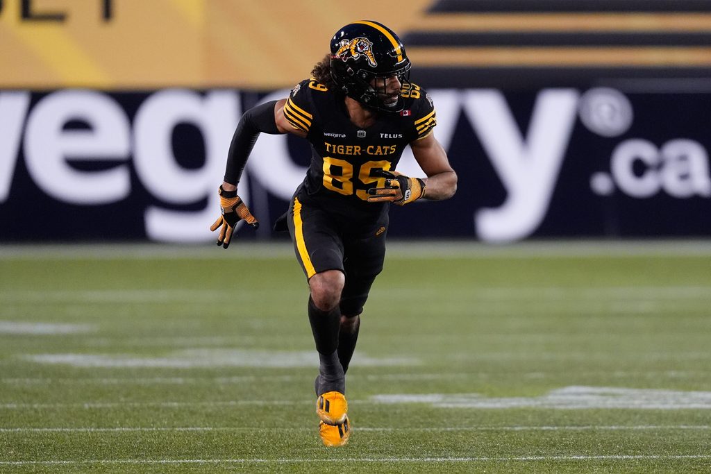 Nov 8, 2025; Hamilton, Ontario, Canada; Hamilton Tiger-Cats wide receiver Kenny Lawler (89) runs a pass pattern against the Montreal Alouettes at Hamilton Stadium. Mandatory Credit: John E. Sokolowski-Imagn Images