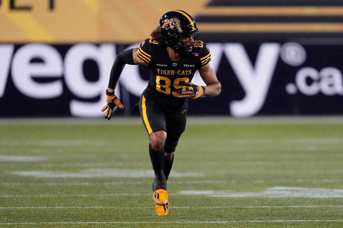 Nov 8, 2025; Hamilton, Ontario, Canada; Hamilton Tiger-Cats wide receiver Kenny Lawler (89) runs a pass pattern against the Montreal Alouettes at Hamilton Stadium. Mandatory Credit: John E. Sokolowski-Imagn Images