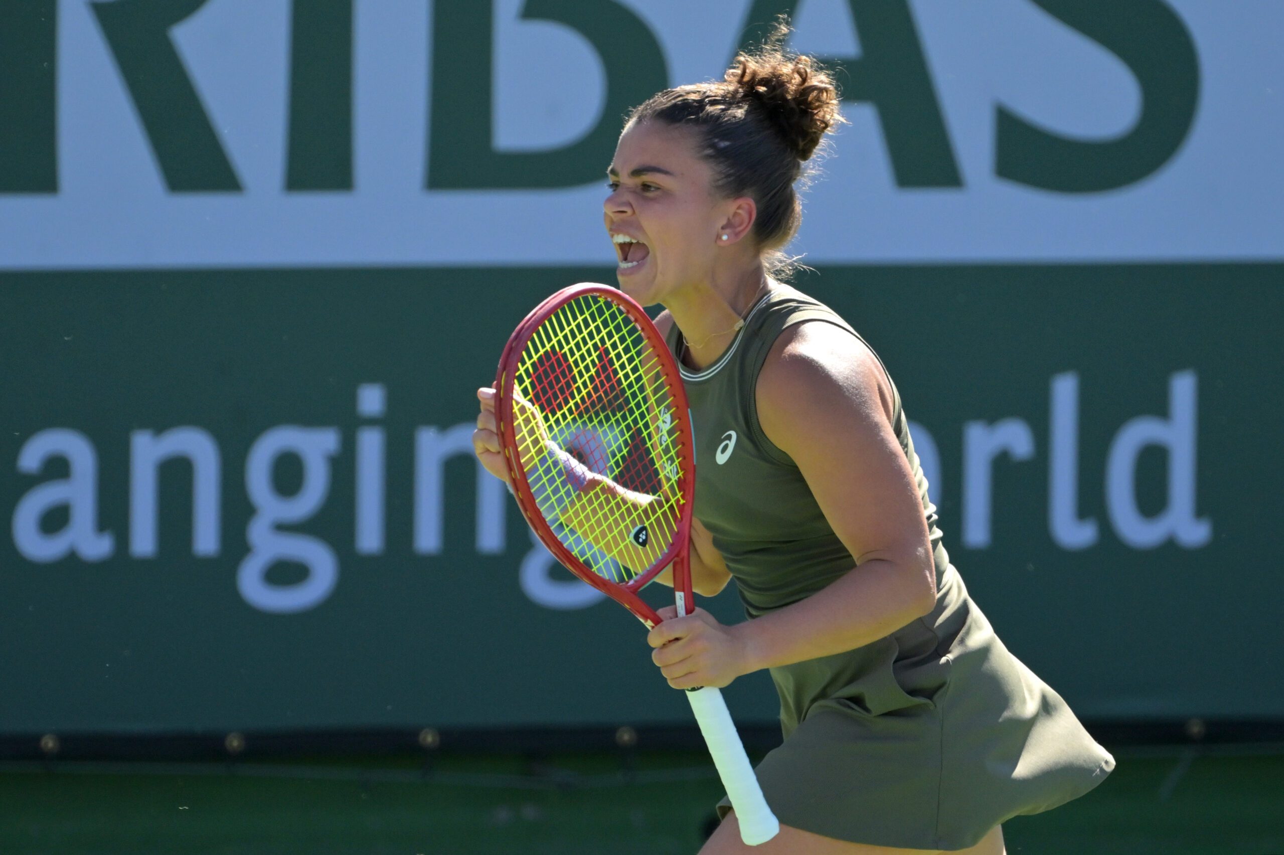 Mar 8, 2026; Indian Wells, CA, USA; Jasmine Paolini (ITA) reacts after winning the second set during her third round match against Ajla Tomljanovic (AUS) in the BNP Paribas Open at the Indian Wells Tennis Garden. Mandatory Credit: Jayne Kamin-Oncea-Imagn Images