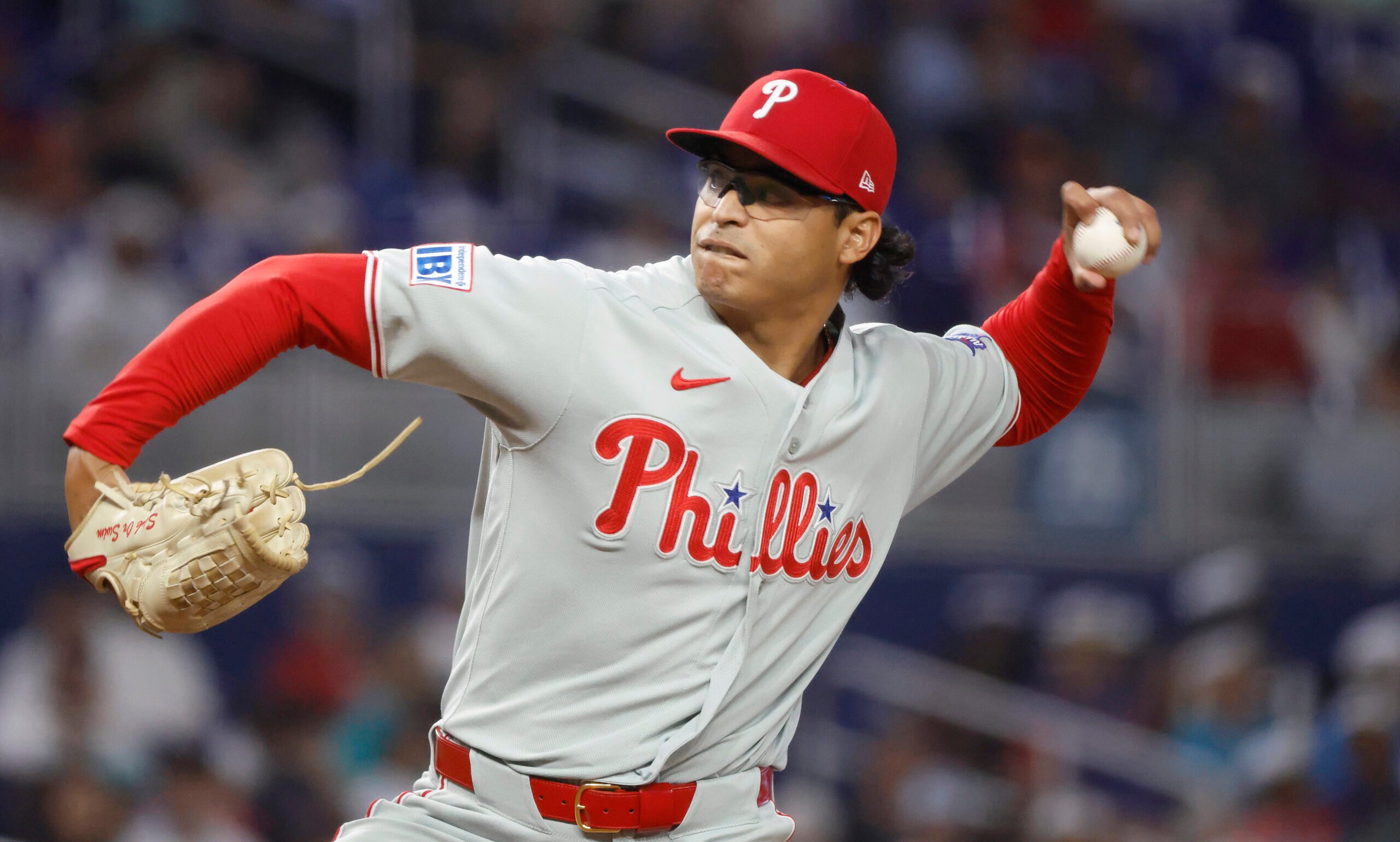 May 3, 2026; Miami, Florida, USA;  Philadelphia Phillies starting pitcher Jesus Luzardo (44) throws against the Miami Marlins during the first inning at loanDepot Park. Mandatory Credit: Rhona Wise-Imagn Images