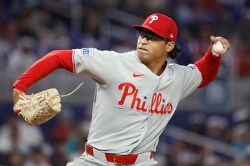 May 3, 2026; Miami, Florida, USA;  Philadelphia Phillies starting pitcher Jesus Luzardo (44) throws against the Miami Marlins during the first inning at loanDepot Park. Mandatory Credit: Rhona Wise-Imagn Images