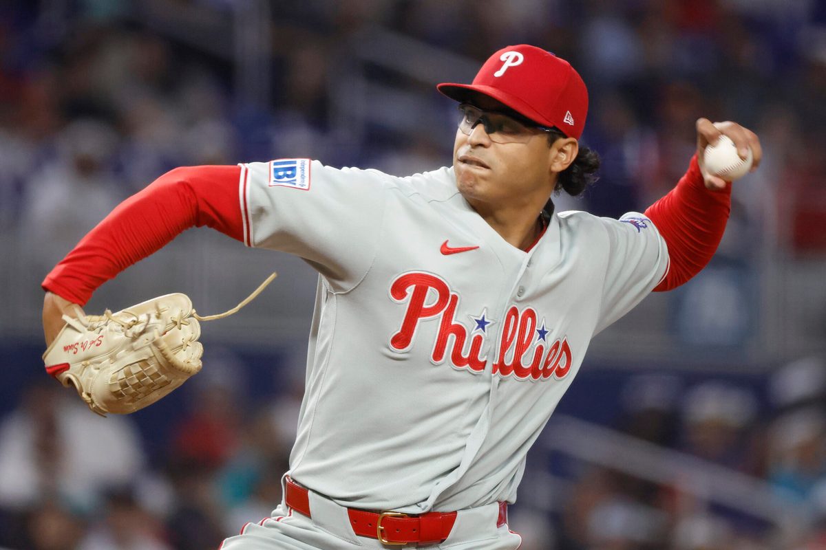 May 3, 2026; Miami, Florida, USA; Philadelphia Phillies starting pitcher Jesus Luzardo (44) throws against the Miami Marlins during the first inning at loanDepot Park. Mandatory Credit: Rhona Wise-Imagn Images