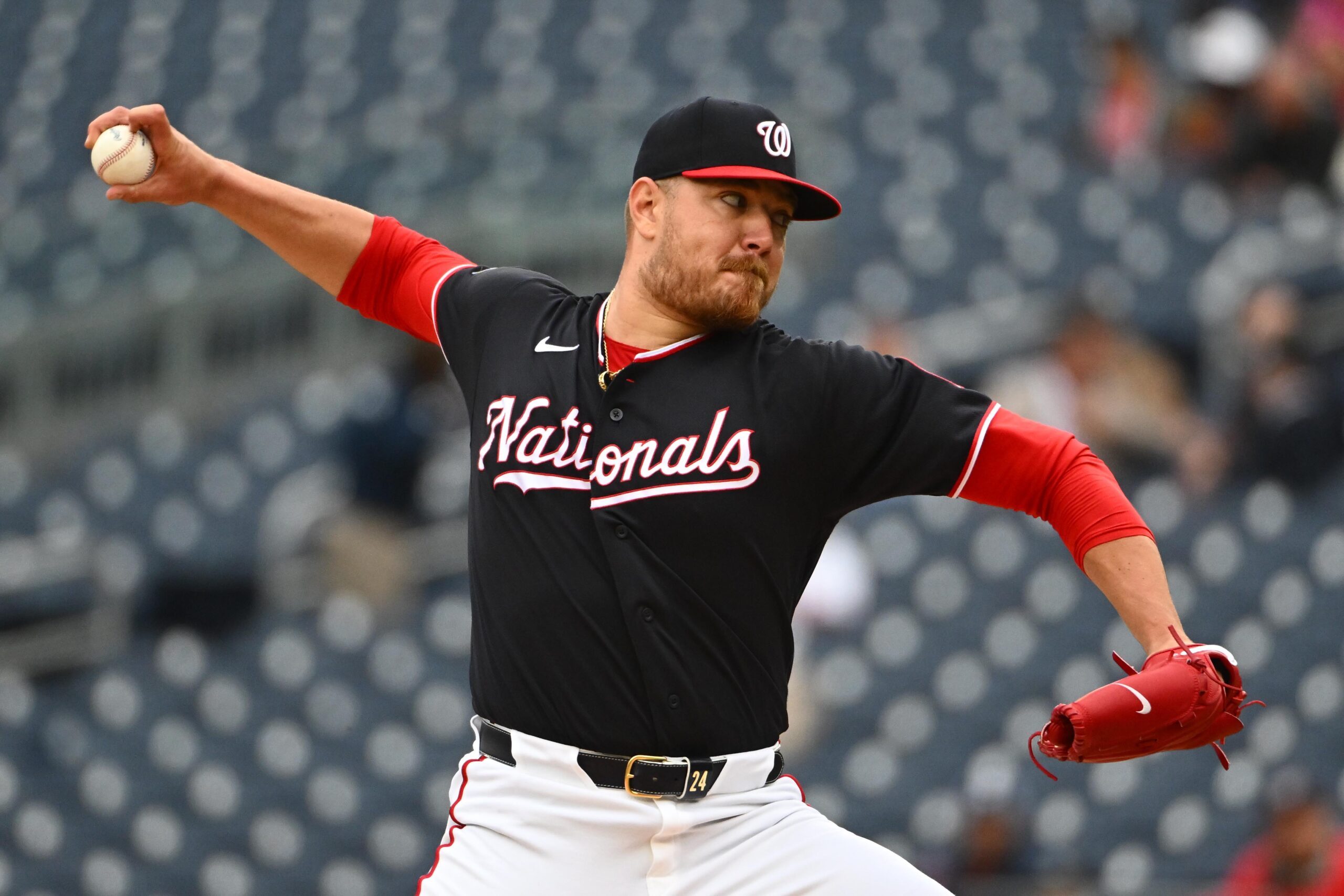 May 21, 2026; Washington, District of Columbia, USA; Washington Nationals pitcher Cade Cavalli (24) throws to the New York Mets during the second inning at Nationals Park. Mandatory Credit: Brad Mills-Imagn Images