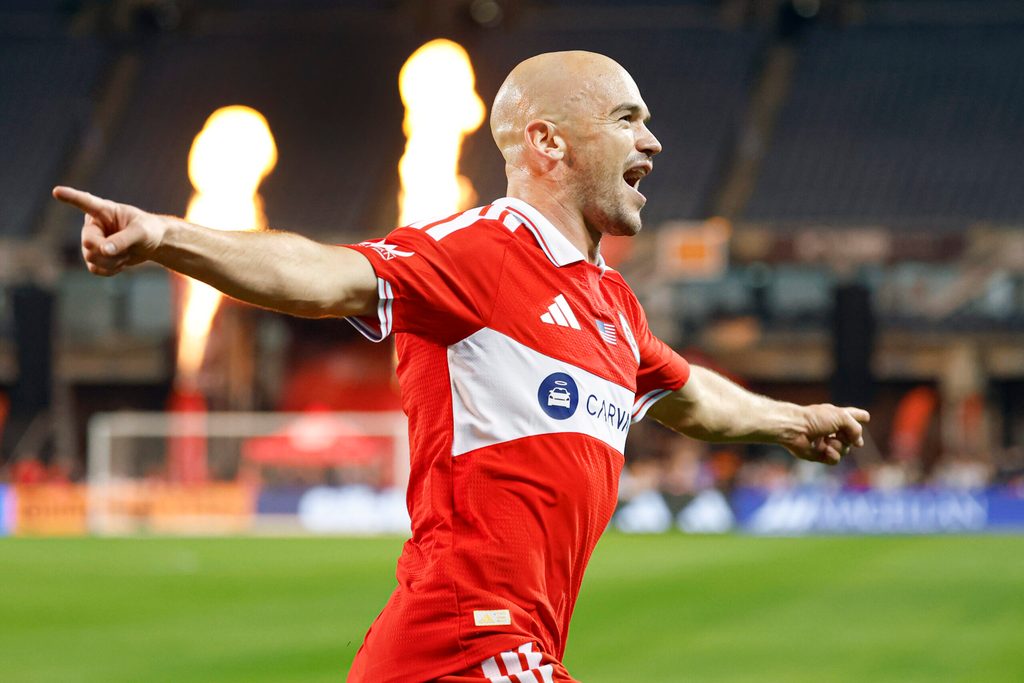 May 23, 2026; Chicago, Illinois, USA; Chicago Fire FC defender Andrew Gutman (15) celebrates after scoring a goal against the Toronto FC during the second half at Soldier Field. Mandatory Credit: Kamil Krzaczynski-Imagn Images