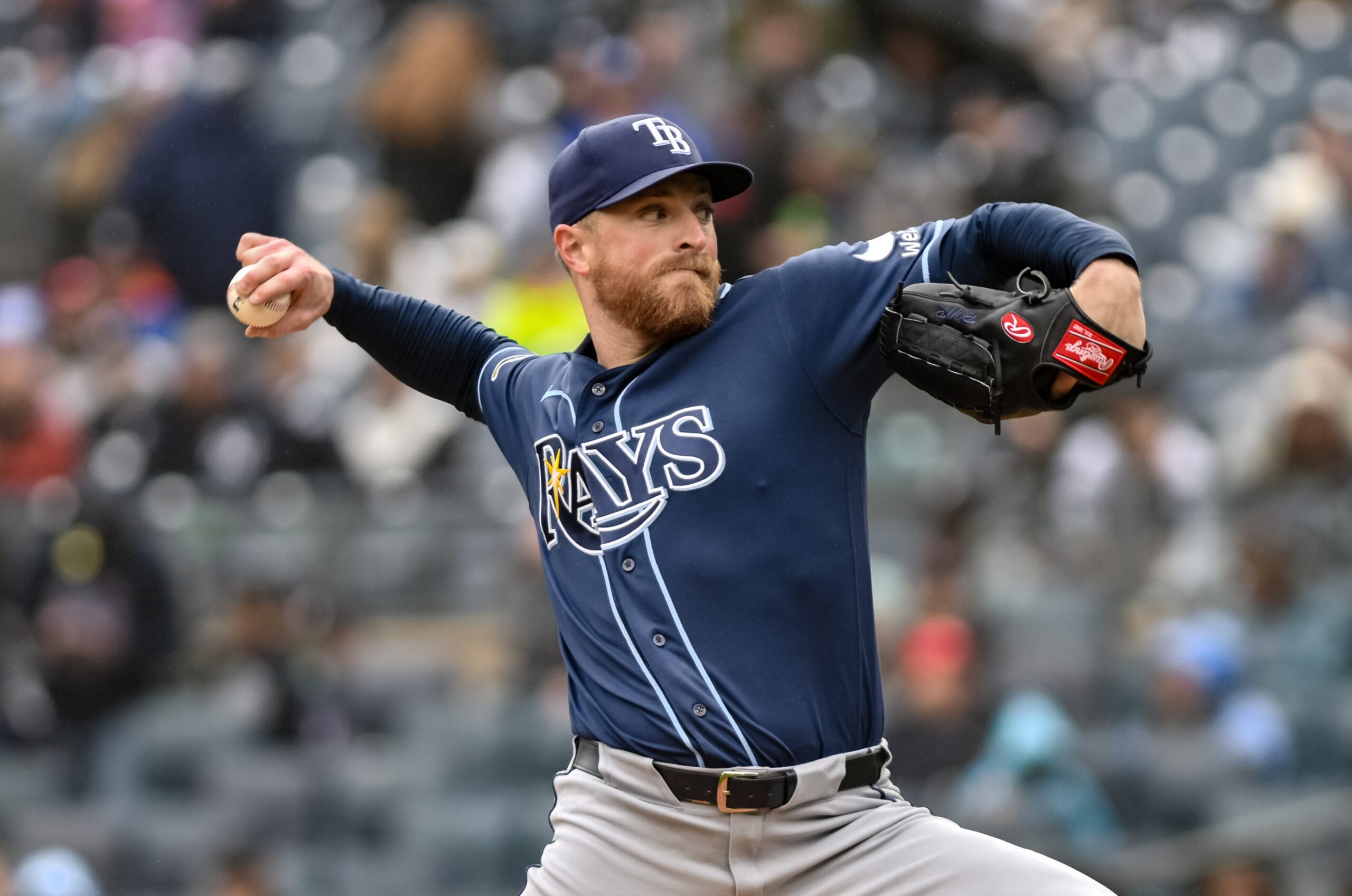 May 24, 2026; Bronx, New York, USA; Tampa Bay Rays pitcher Drew Rasmussen (57) pitches against the New York Yankees during the first inning at Yankee Stadium. Mandatory Credit: John Jones-Imagn Images