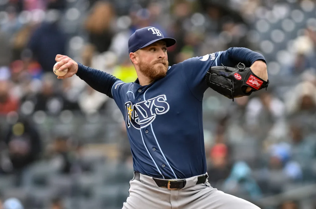 May 24, 2026; Bronx, New York, USA; Tampa Bay Rays pitcher Drew Rasmussen (57) pitches against the New York Yankees during the first inning at Yankee Stadium. Mandatory Credit: John Jones-Imagn Images