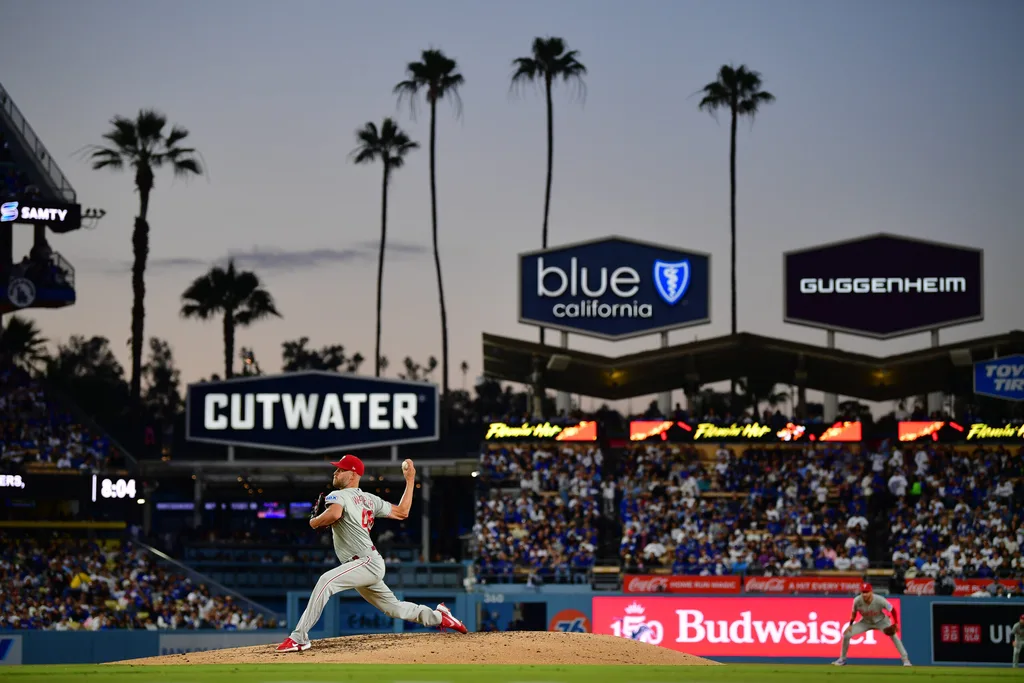 May 29, 2026; Los Angeles, California, USA; Philadelphia Phillies pitcher Zack Wheeler (45) throws against the Los Angeles Dodgers during the fourth inning at Dodger Stadium. Mandatory Credit: Gary A. Vasquez-Imagn Images
