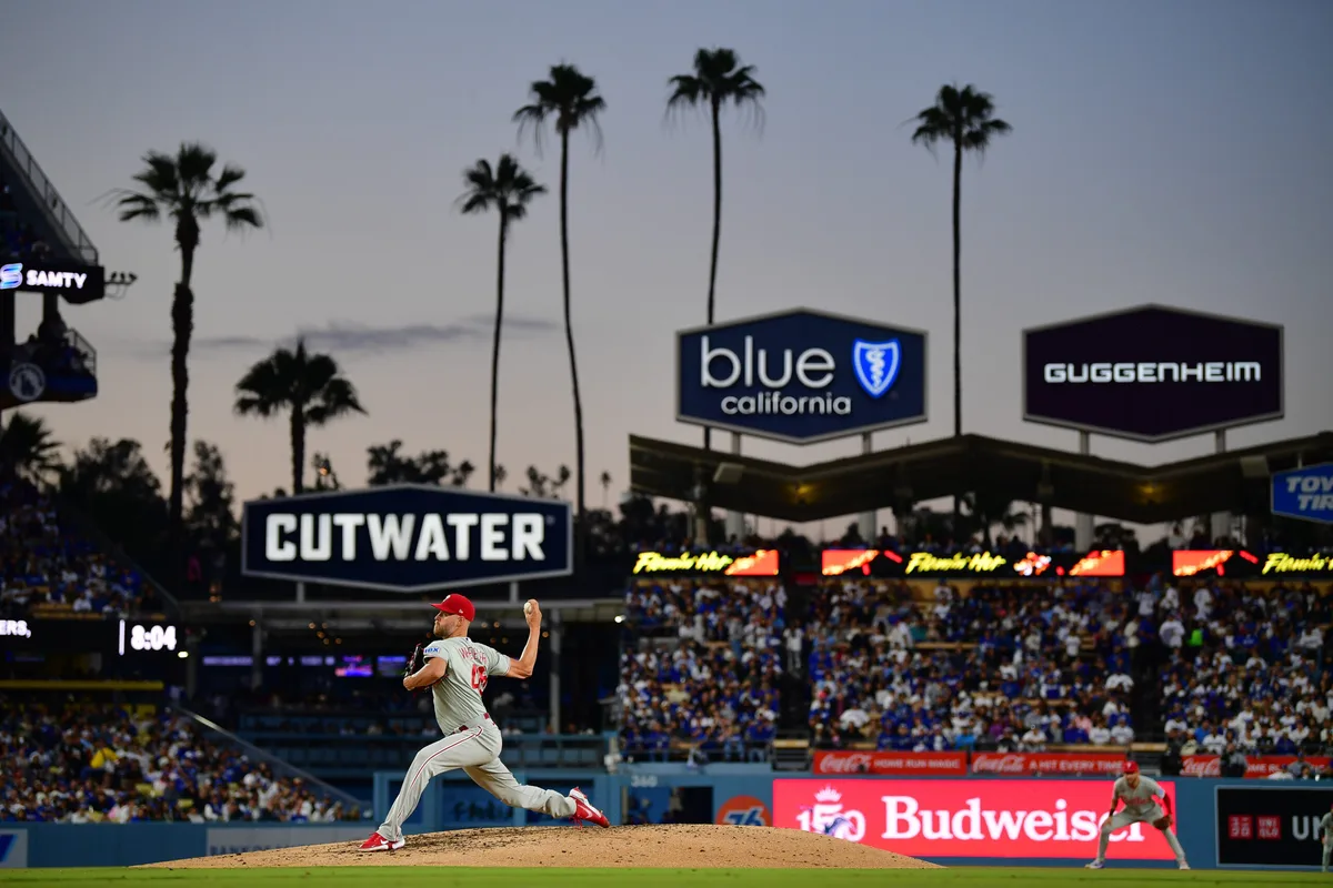 May 29, 2026; Los Angeles, California, USA; Philadelphia Phillies pitcher Zack Wheeler (45) throws against the Los Angeles Dodgers during the fourth inning at Dodger Stadium. Mandatory Credit: Gary A. Vasquez-Imagn Images