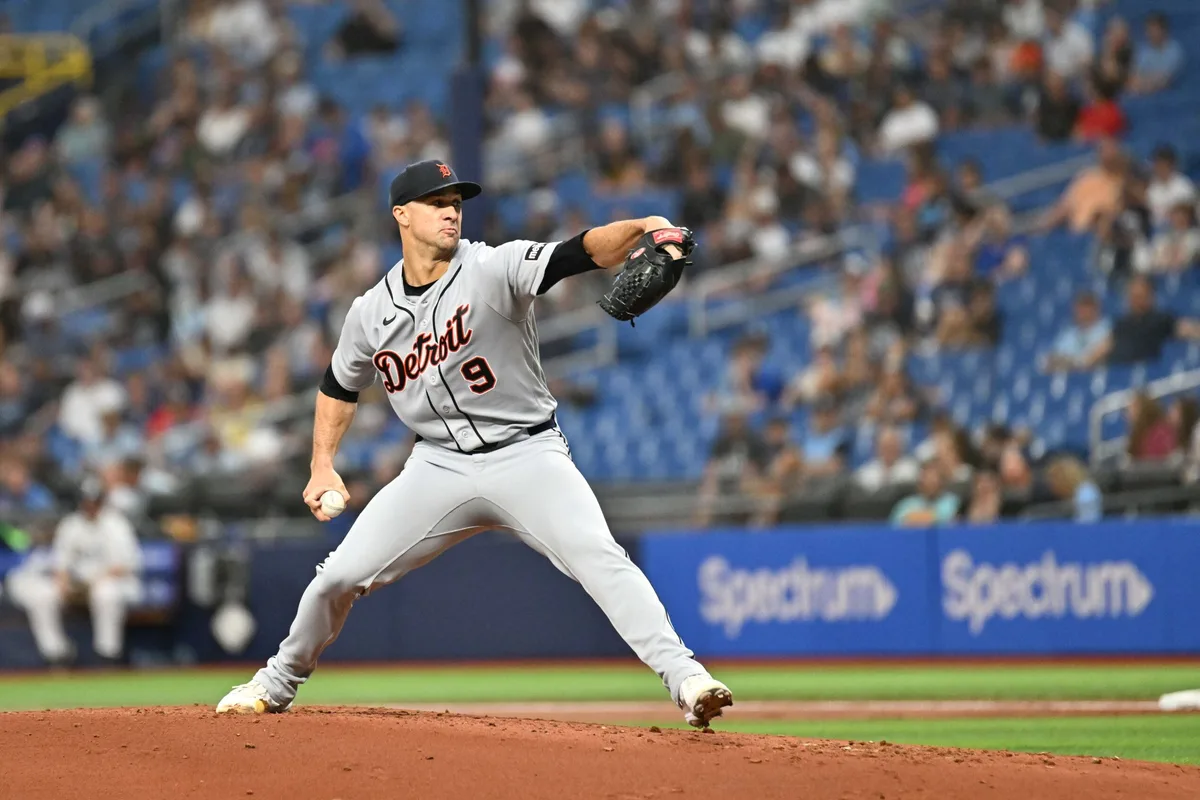 Jun 2, 2026; St. Petersburg, Florida, USA; Detroit Tigers starting pitcher Jack Flaherty (9) throws a pitch in the first inning against the Tampa Bay Rays at Tropicana Field. Mandatory Credit: Jonathan Dyer-Imagn Images