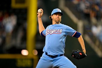 Jun 7, 2026; Arlington, Texas, USA; Texas Rangers starting pitcher Jacob Degrom (48) pitches against the Cleveland Guardians during the third inning at Globe Life Field. Mandatory Credit: Jerome Miron-Imagn Images