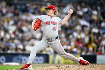 Jun 8, 2026; San Diego, California, USA; Cincinnati Reds pitcher Andrew Abbott (41) delivers during the second inning against the San Diego Padres at Petco Park. Mandatory Credit: Denis Poroy-Imagn Images