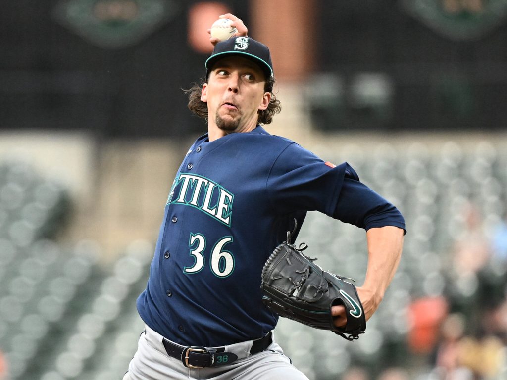 Jun 9, 2026; Baltimore, Maryland, USA; Seattle Mariners pitcher Logan Gilbert (36) delivers a pitch during the second inning against the Baltimore Orioles at Oriole Park at Camden Yards. Mandatory Credit: James A. Pittman-Imagn Images