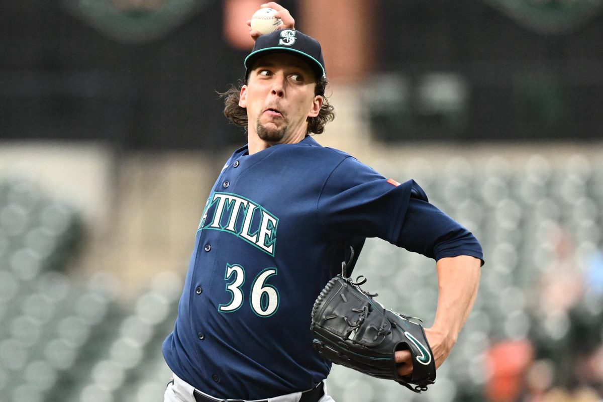 Jun 9, 2026; Baltimore, Maryland, USA; Seattle Mariners pitcher Logan Gilbert (36) delivers a pitch during the second inning against the Baltimore Orioles at Oriole Park at Camden Yards. Mandatory Credit: James A. Pittman-Imagn Images