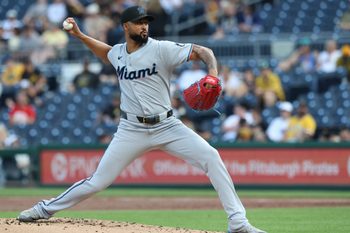 Jun 11, 2026; Pittsburgh, Pennsylvania, USA; Miami Marlins starting pitcher Sandy Alcantara (22) delivers a pitch against the Pittsburgh Pirates during the first inning at PNC Park. Mandatory Credit: Charles LeClaire-Imagn Images