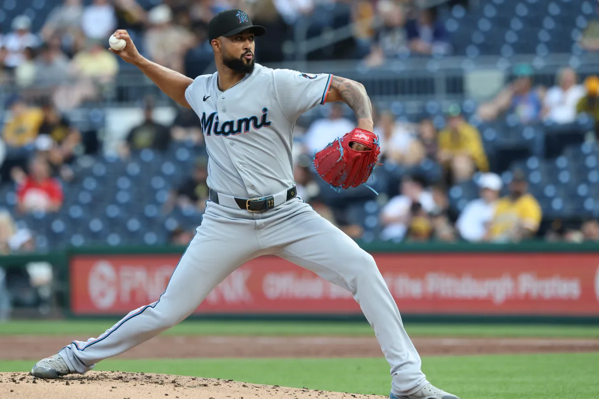 Jun 11, 2026; Pittsburgh, Pennsylvania, USA; Miami Marlins starting pitcher Sandy Alcantara (22) delivers a pitch against the Pittsburgh Pirates during the first inning at PNC Park. Mandatory Credit: Charles LeClaire-Imagn Images