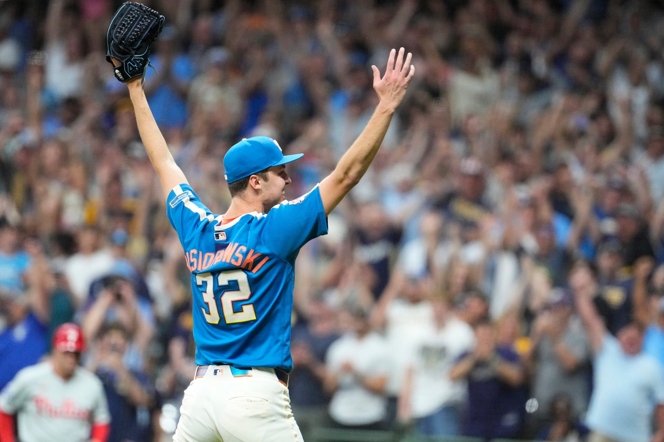 Jun 12, 2026; Milwaukee, Wisconsin, USA; Milwaukee Brewers pitcher Jacob Misiorowski (32) celebrate a nine innings 6-0 win over the Philadelphia Phillies at American Family Field. Misiorowski (32) pitched all nine innings of the game. Mandatory Credit: Michael McLoone-Imagn Images