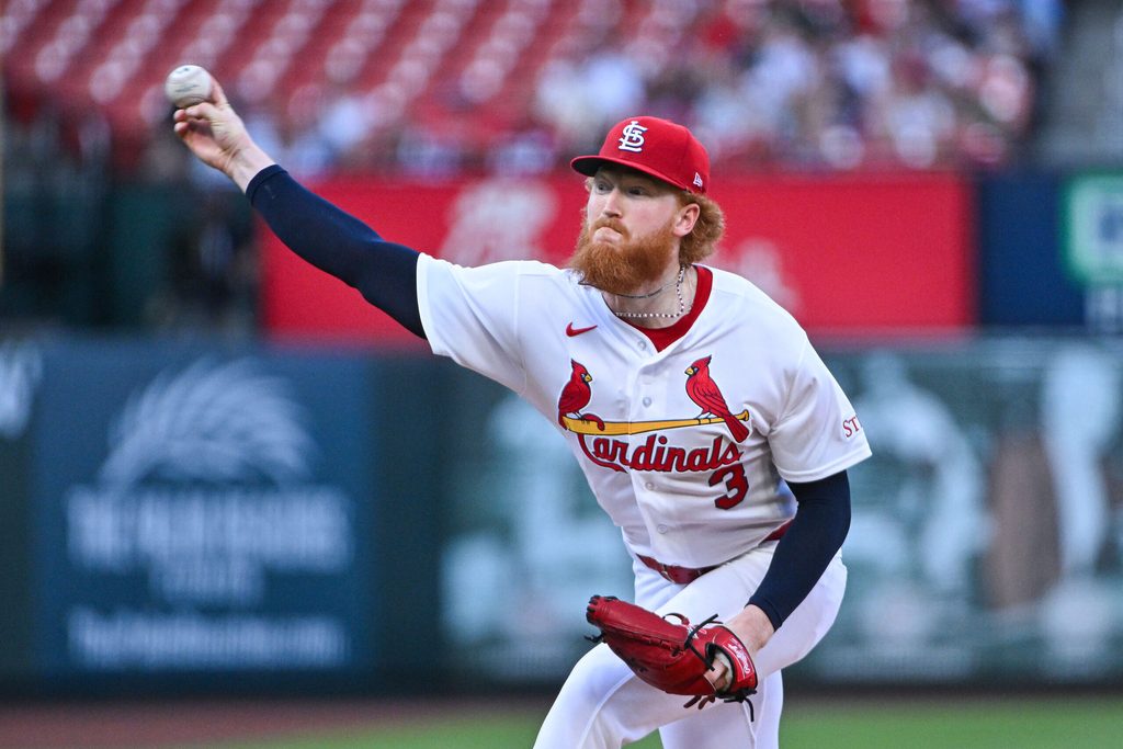 Jun 15, 2026; St. Louis, Missouri, USA; St. Louis Cardinals starting pitcher Dustin May (3) pitches against the San Diego Padres during the first inning at Busch Stadium. Mandatory Credit: Jeff Curry-Imagn Images