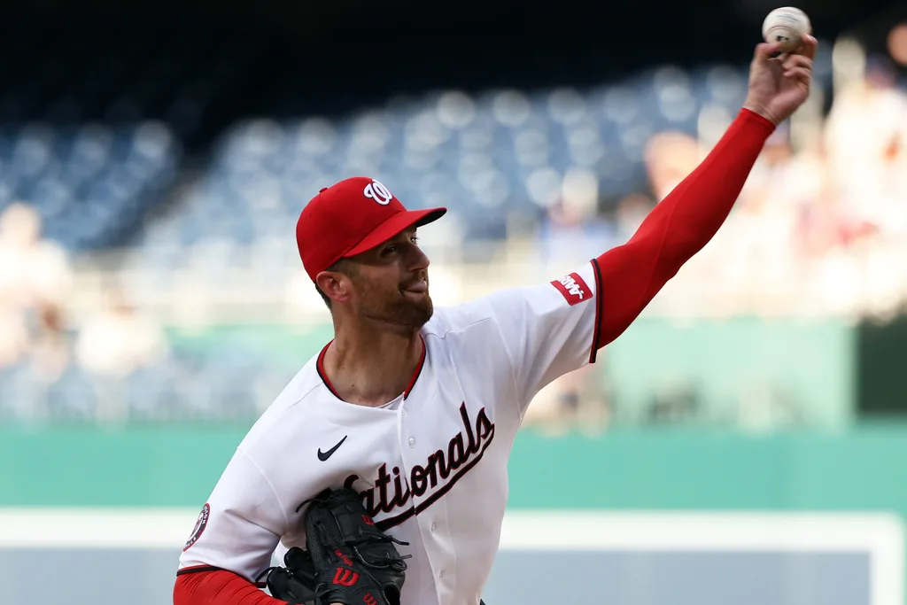 Jun 16, 2026; Washington, District of Columbia, USA; Washington Nationals pitcher Foster Griffin (22) throws during the first inning against the Kansas City Royals at Nationals Park. Mandatory Credit: Daniel Kucin Jr.-Imagn Images
