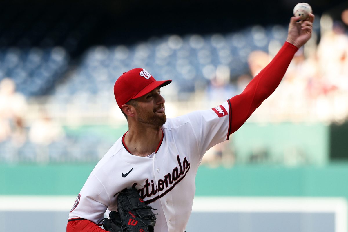 Jun 16, 2026; Washington, District of Columbia, USA; Washington Nationals pitcher Foster Griffin (22) throws during the first inning against the Kansas City Royals at Nationals Park. Mandatory Credit: Daniel Kucin Jr.-Imagn Images