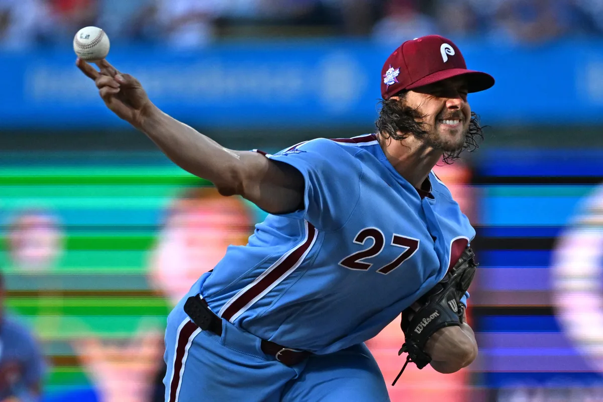 Jun 18, 2026; Philadelphia, Pennsylvania, USA; Philadelphia Phillies pitcher Aaron Nola (27) throws a pitch during the first inning against the New York Mets at Citizens Bank Park. Mandatory Credit: Eric Hartline-Imagn Images