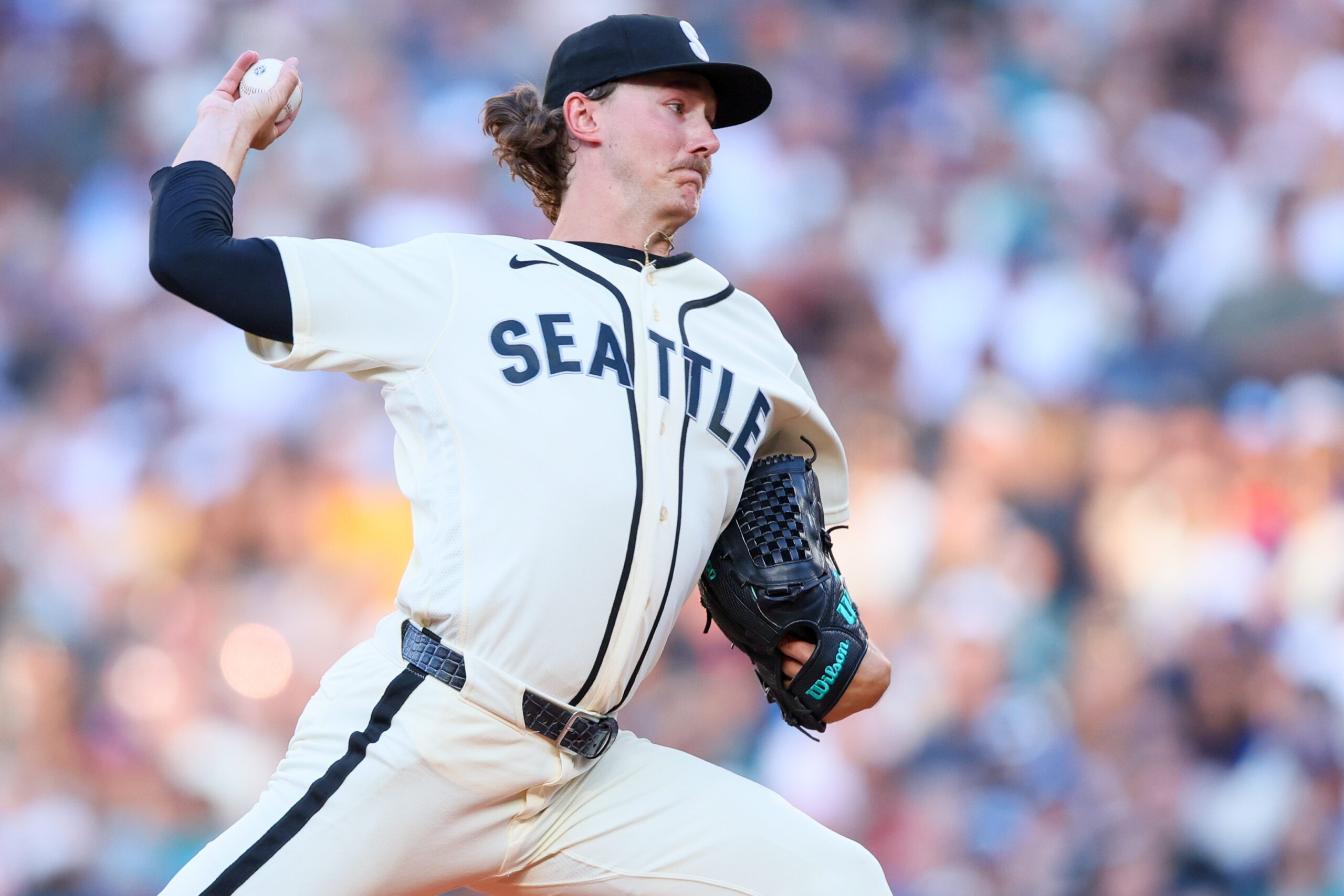 Jun 19, 2026; Seattle, Washington, USA; Seattle Mariners pitcher Bryce Miller (50) delivers in the second inning against the Boston Red Sox at T-Mobile Park. Mandatory Credit: Kevin Ng-Imagn Images