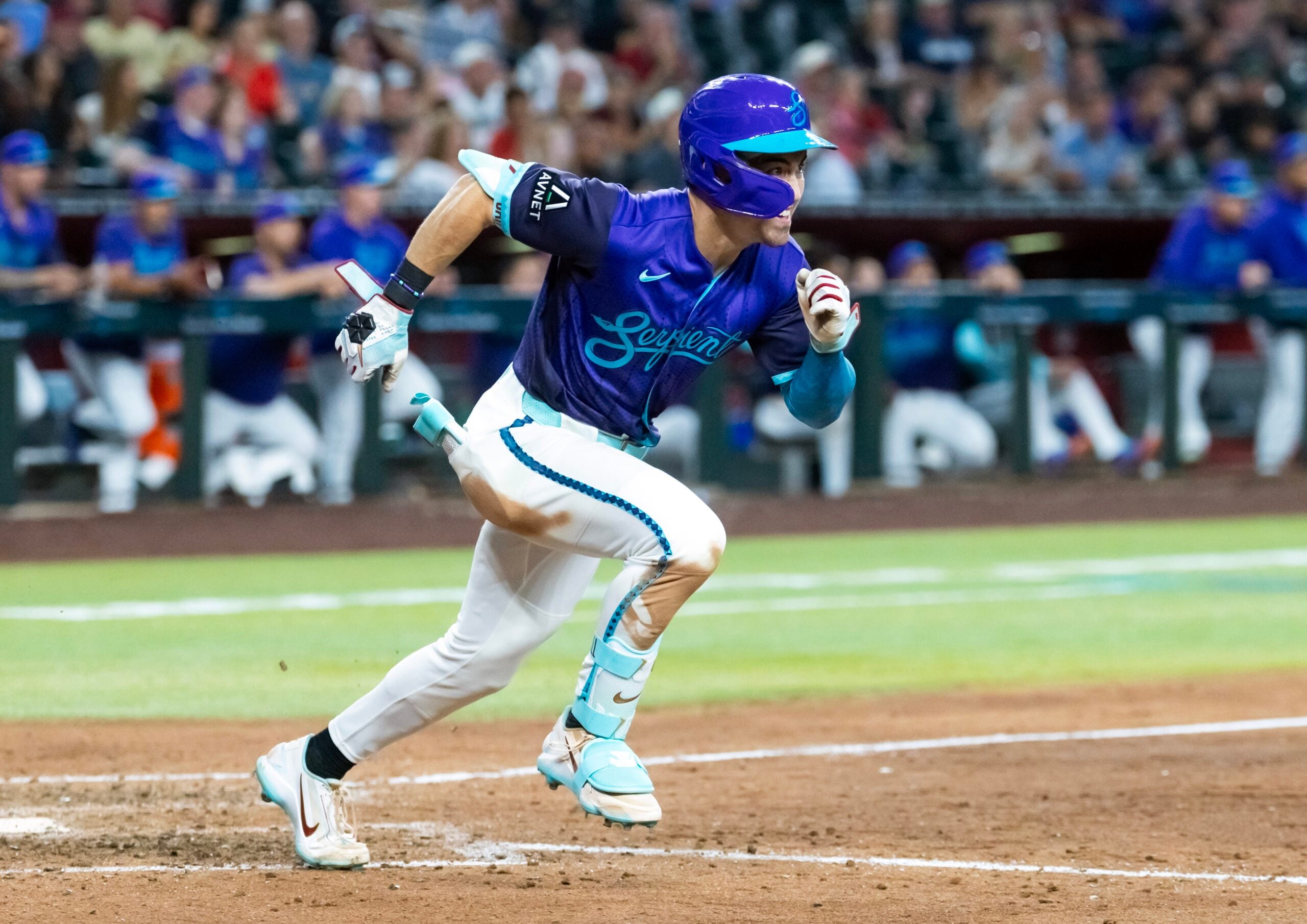 Jun 19, 2026; Phoenix, Arizona, USA; Arizona Diamondbacks outfielder Corbin Carroll hits a three run triple in the eighth inning against the Minnesota Twins at Chase Field. Mandatory Credit: Mark J. Rebilas-Imagn Images