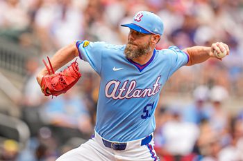 Jun 20, 2026; Cumberland, Georgia, USA; Atlanta Braves pitcher Chris Sale (51) pitches against the Milwaukee Brewers during the first inning at Truist Park. Mandatory Credit: Dale Zanine-Imagn Images