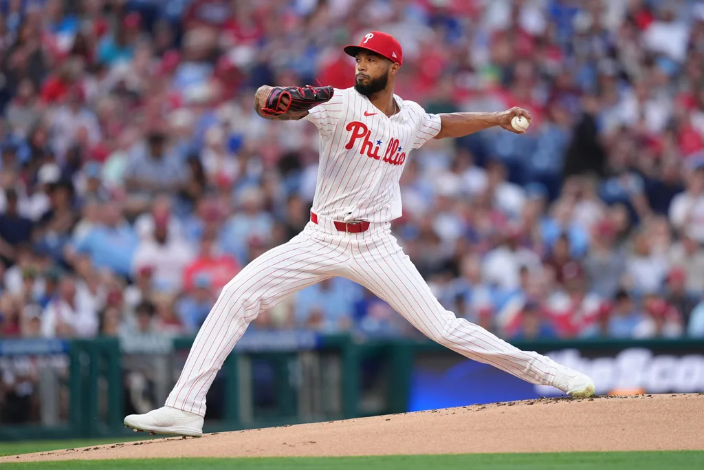 Jun 20, 2026; Philadelphia, Pennsylvania, USA; Philadelphia Phillies starting pitcher Cristopher Sanchez (61) throws a pitch against the New York Mets in the first inning at Citizens Bank Park. Mandatory Credit: Kyle Ross-Imagn Images