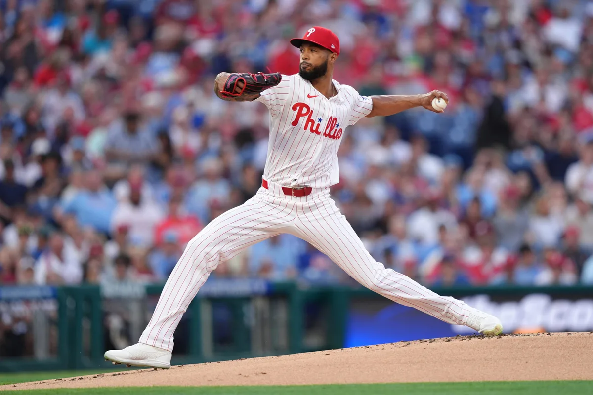 Jun 20, 2026; Philadelphia, Pennsylvania, USA; Philadelphia Phillies starting pitcher Cristopher Sanchez (61) throws a pitch against the New York Mets in the first inning at Citizens Bank Park. Mandatory Credit: Kyle Ross-Imagn Images