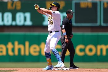 Jun 21, 2026; West Sacramento, California, USA; Athletics first baseman Nick Kurtz (16) reacts after hitting an RBI single and advancing on an error during the fourth inning against the Los Angeles Angels at Sutter Health Park. Mandatory Credit: Scott Marshall-Imagn Images