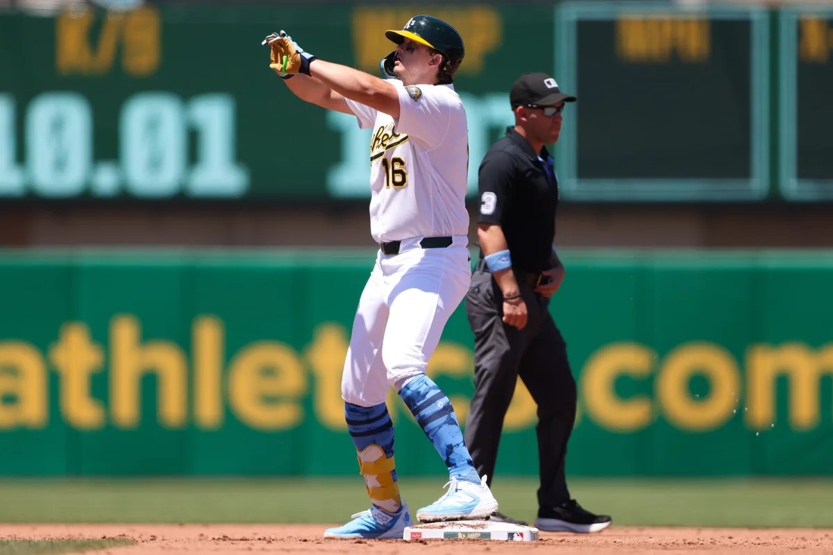 Jun 21, 2026; West Sacramento, California, USA; Athletics first baseman Nick Kurtz (16) reacts after hitting an RBI single and advancing on an error during the fourth inning against the Los Angeles Angels at Sutter Health Park. Mandatory Credit: Scott Marshall-Imagn Images
