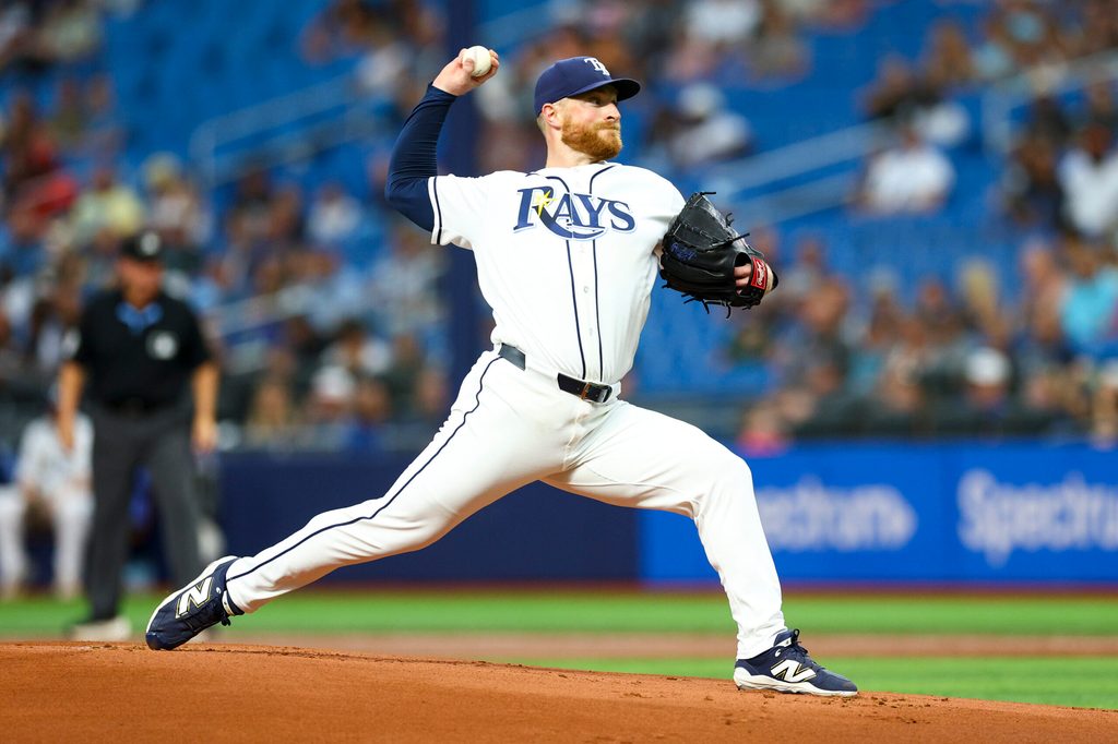 Jun 22, 2026; St. Petersburg, Florida, USA; Tampa Bay Rays starting pitcher Drew Rasmussen (57) throws a pitch against the Kansas City Royals in the first inning at Tropicana Field. Mandatory Credit: Nathan Ray Seebeck-Imagn Images