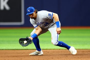 Jun 22, 2026; St. Petersburg, Florida, USA; Kansas City Royals first baseman Jac Caglianone (14) fields the ball against the Tampa Bay Rays in the ninth inning at Tropicana Field. Mandatory Credit: Nathan Ray Seebeck-Imagn Images