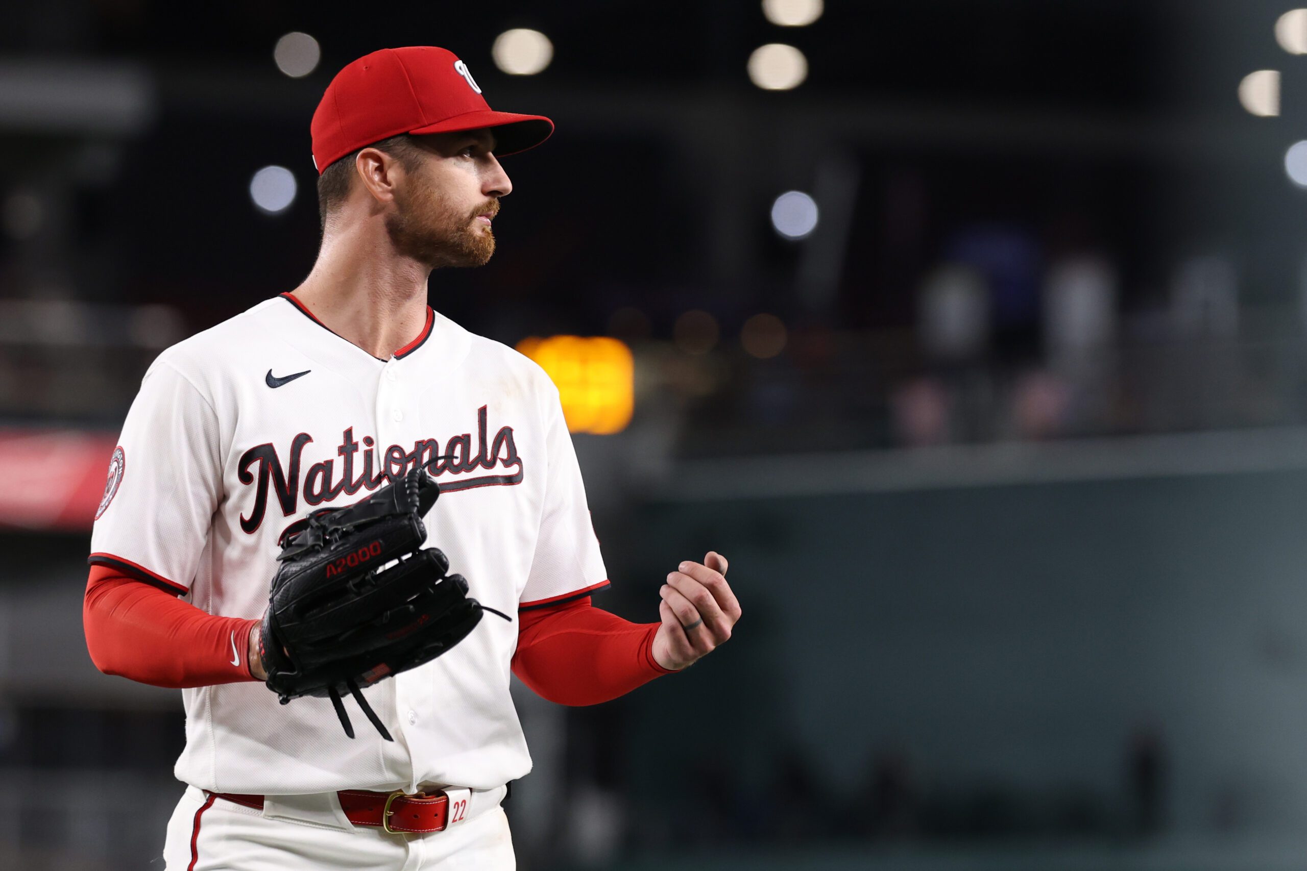 Jun 22, 2026; Washington, District of Columbia, USA; Washington Nationals starting pitcher Foster Griffin (22) walks to the dugout after being removed from the game against the Philadelphia Phillies during the eighth inning at Nationals Park. Mandatory Credit: Geoff Burke-Imagn Images