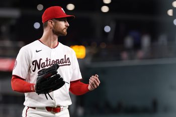 Jun 22, 2026; Washington, District of Columbia, USA; Washington Nationals starting pitcher Foster Griffin (22) walks to the dugout after being removed from the game against the Philadelphia Phillies during the eighth inning at Nationals Park. Mandatory Credit: Geoff Burke-Imagn Images