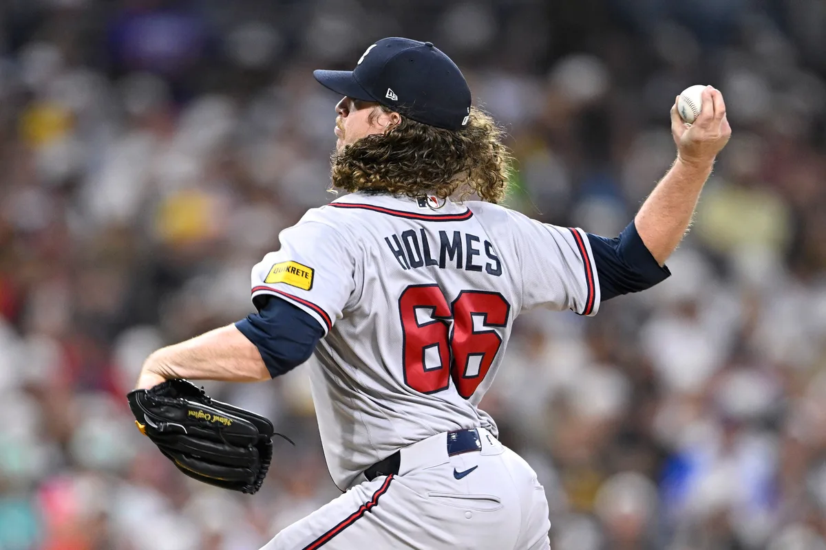 Jun 22, 2026; San Diego, California, USA; Atlanta Braves pitcher Grant Holmes (66) delivers during the fourth inning against the San Diego Padres at Petco Park. Mandatory Credit: Denis Poroy-Imagn Images