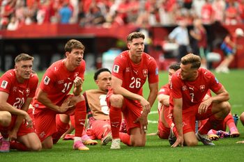 June 24, 2026; Vancouver, Canada; Switzerland's Michel Aebischer, Christian Fassnacht, Cedric Itten and Silvan Widmer celebrate after the match.  Mandatory Credit: Simon Fearn-Imagn Images