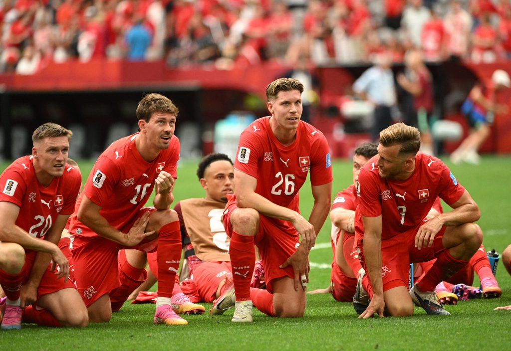 June 24, 2026; Vancouver, Canada; Switzerland's Michel Aebischer, Christian Fassnacht, Cedric Itten and Silvan Widmer celebrate after the match. Mandatory Credit: Simon Fearn-Imagn Images