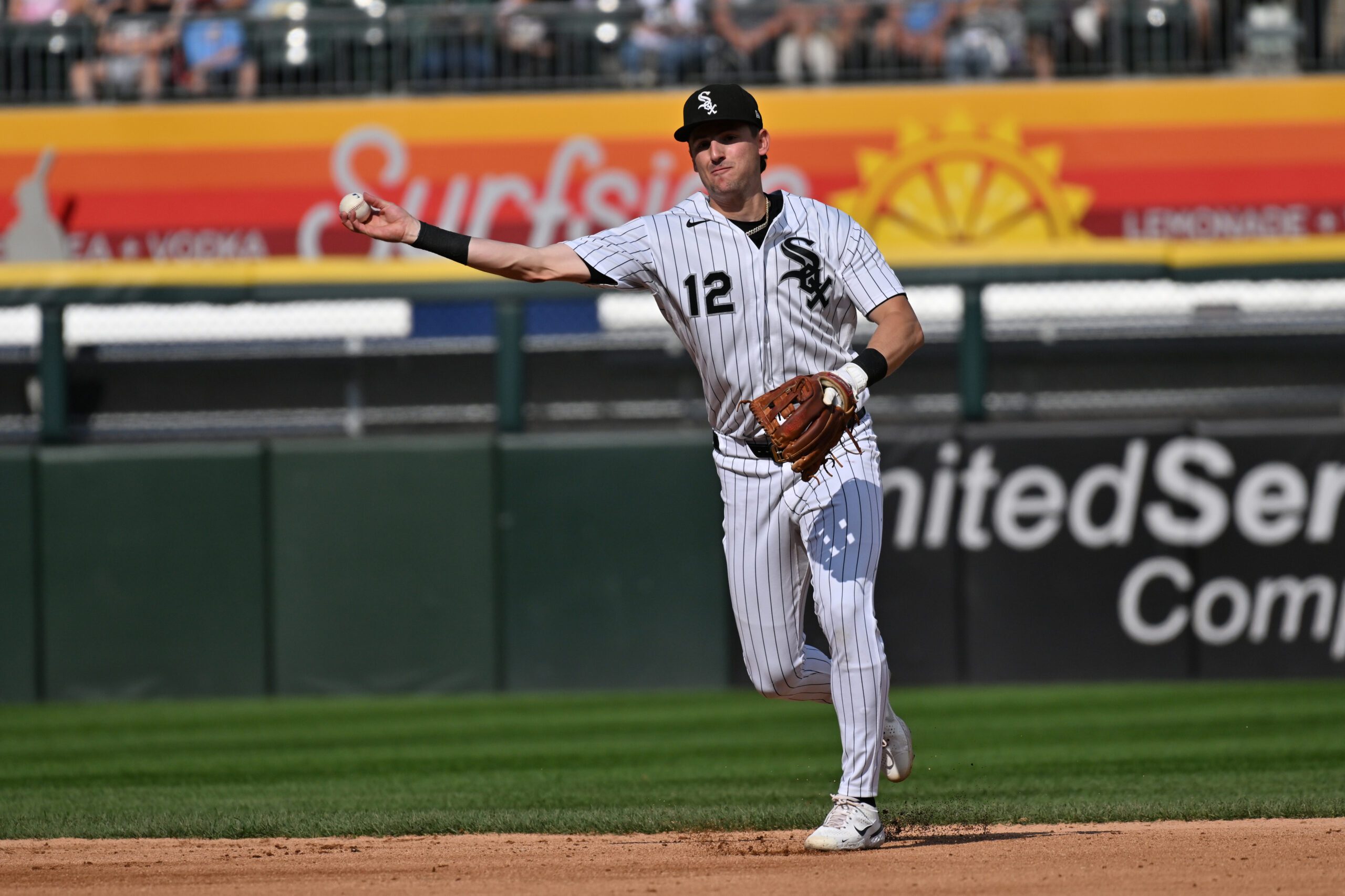 Jun 24, 2026; Chicago, Illinois, USA; Chicago White Sox shortstop Colson Montgomery (12) throws to first base to force an out against the Cleveland Guardians during the fourth inning at Rate Field. Mandatory Credit: Patrick Gorski-Imagn Images