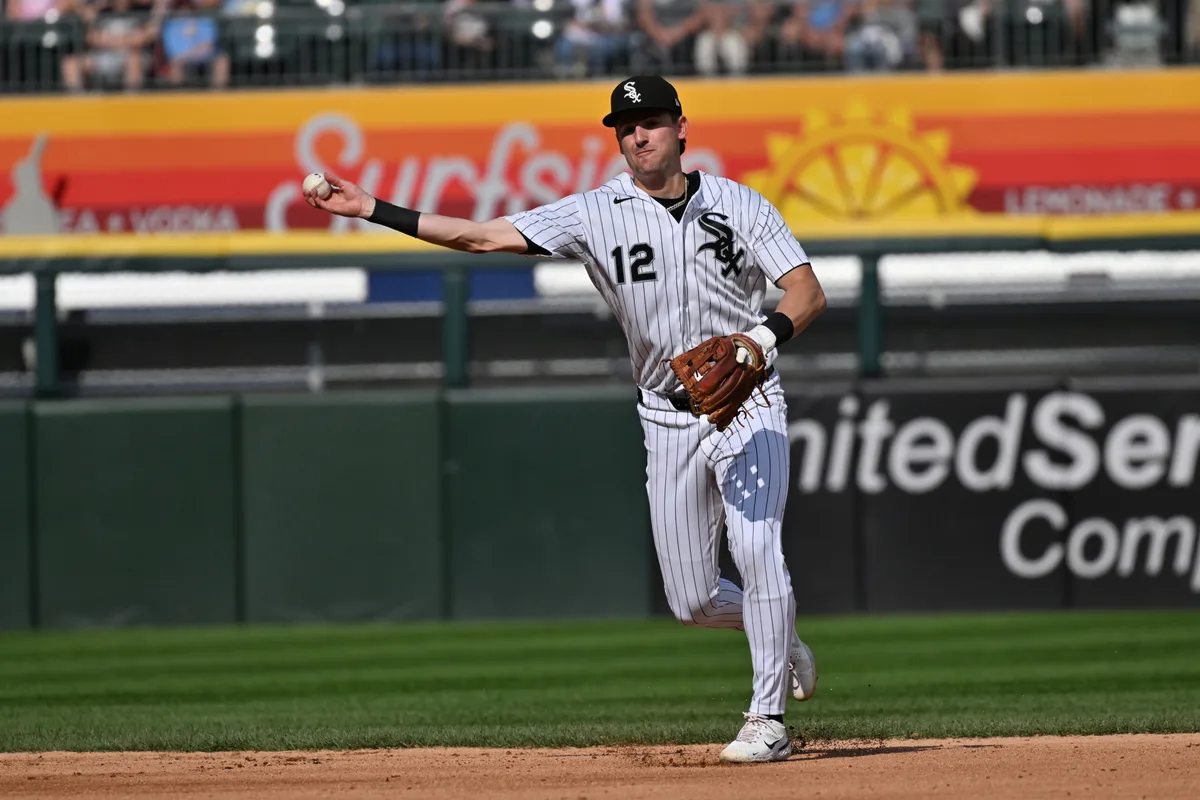 Jun 24, 2026; Chicago, Illinois, USA; Chicago White Sox shortstop Colson Montgomery (12) throws to first base to force an out against the Cleveland Guardians during the fourth inning at Rate Field. Mandatory Credit: Patrick Gorski-Imagn Images